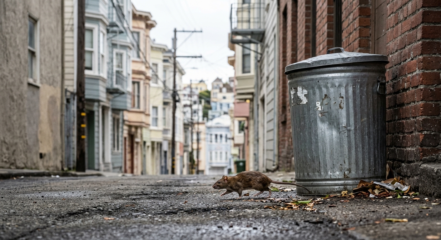 a small brown rat scurrying next to a metal trash can in a narrow urban alleyway, with slightly out-of-focus San Francisco-style row houses in the background, n