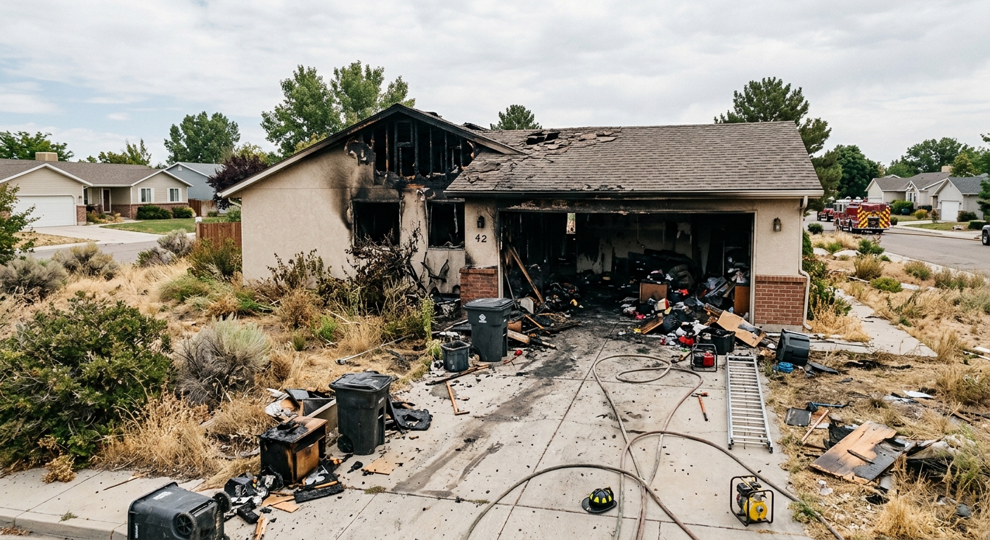 a suburban residential home exterior with a clutter-filled driveway and open garage, showing black soot and severe fire damage near the rear of the property, su