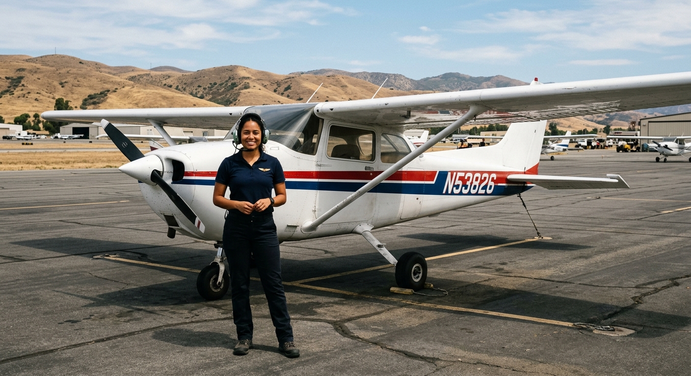a young Latina aviation student wearing a simple flight headset, standing next to a small single-engine training airplane on an asphalt tarmac at a regional air