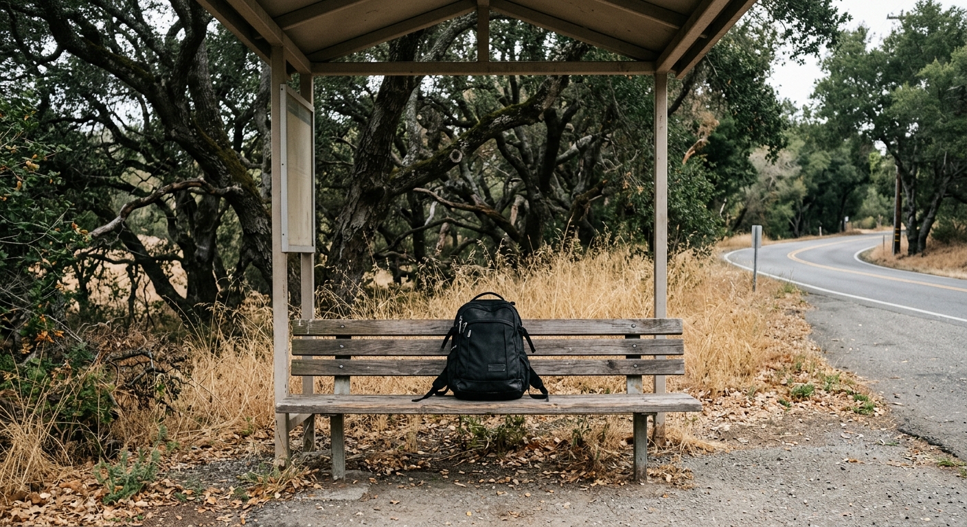 a black backpack resting on an empty wooden bench at a suburban bus stop, surrounded by coastal oak trees and dry grass characteristic of Northern California, n