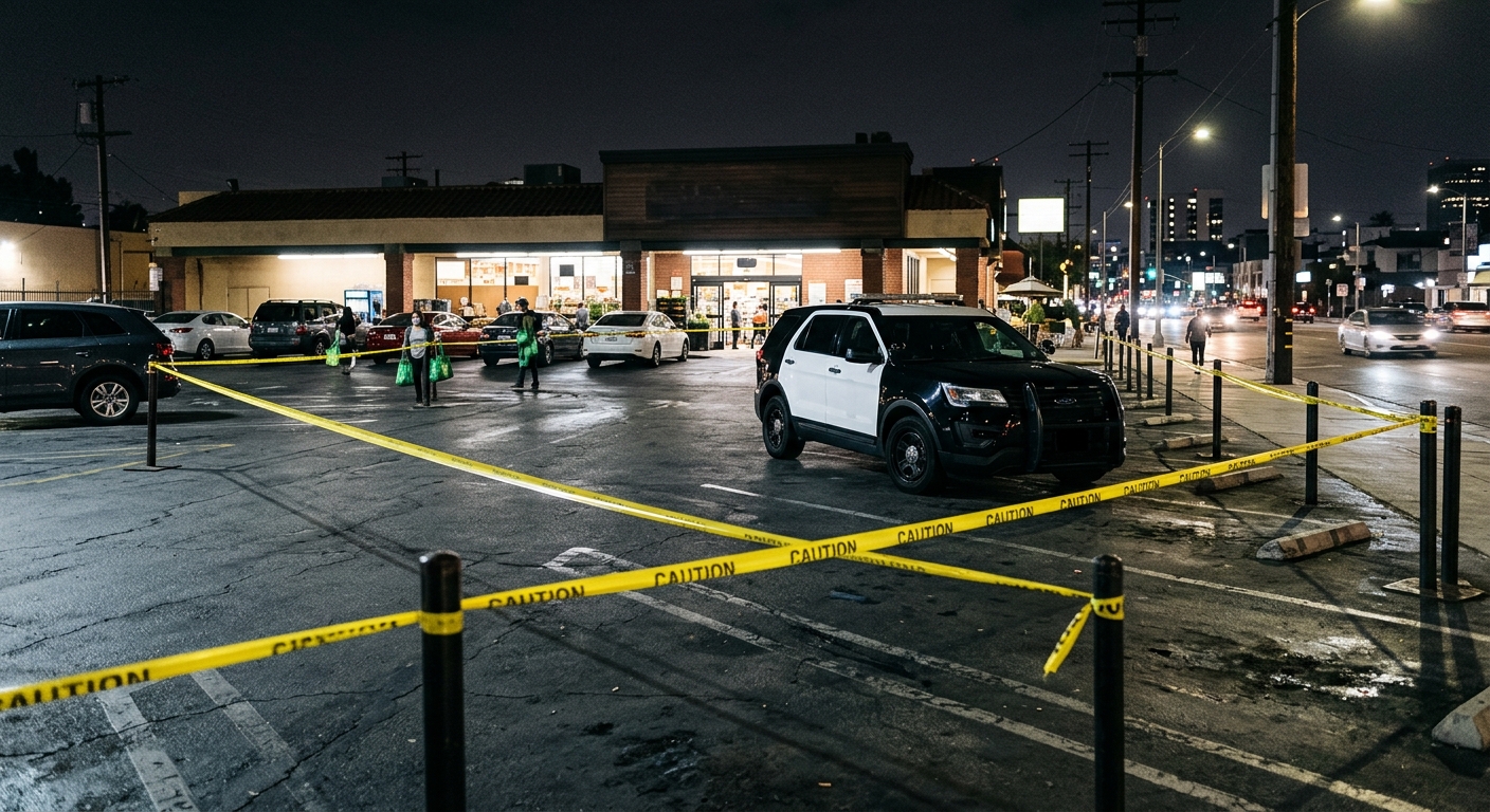 a cordoned-off parking lot outside an urban market in Southern California at night, sectioned with yellow caution tape near a parked police vehicle, natural eve