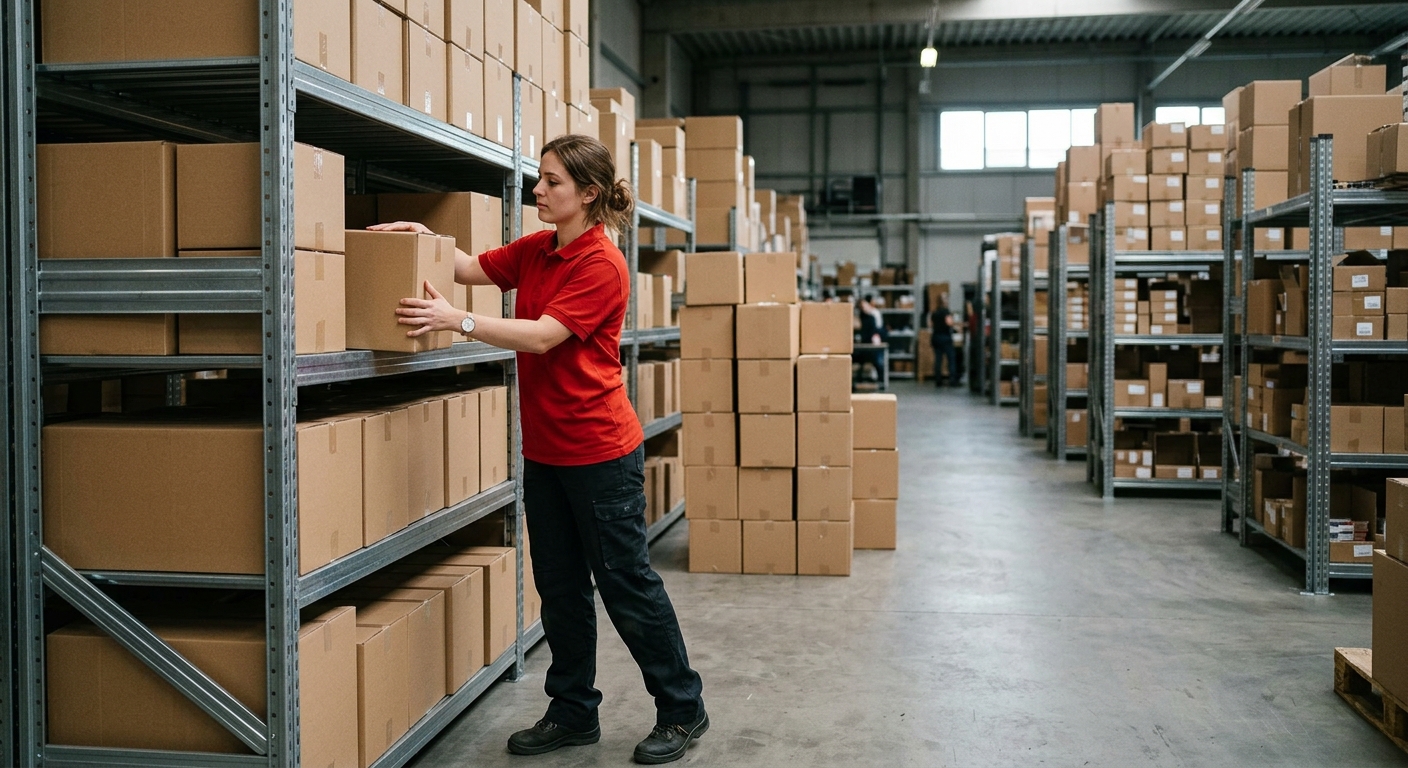 a person wearing a plain red uniform shirt organizing brown cardboard boxes on a metal shelving unit inside a large retail stockroom, natural everyday lighting,