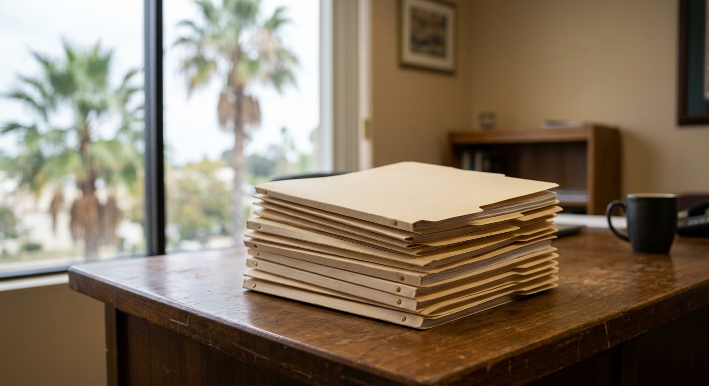 a stack of closed manila legal folders resting on a wooden desk inside an office, with blurred tall palm trees visible through a nearby window, natural everyday