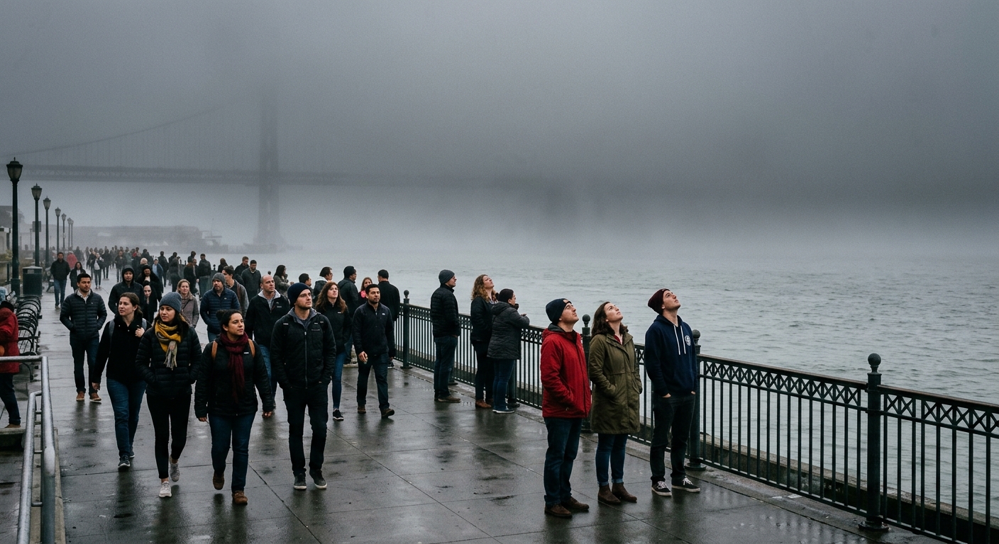 a thick layer of heavy fog blanketing a bustling waterfront promenade in San Francisco, with a crowd of pedestrians in casual jackets looking up expectantly int