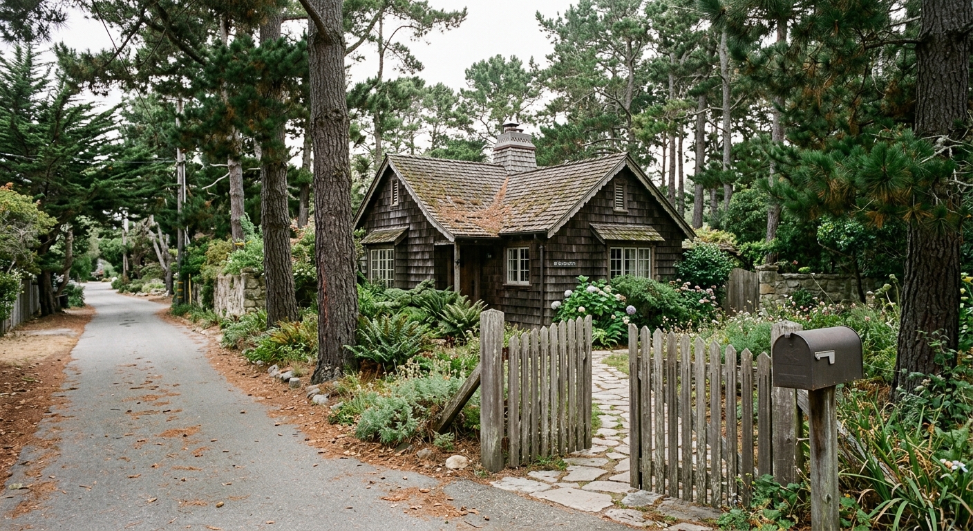 a quaint, historic cottage with a shingled roof nestled among pine trees on a quiet residential street in a coastal California town, with a simple wooden gate a