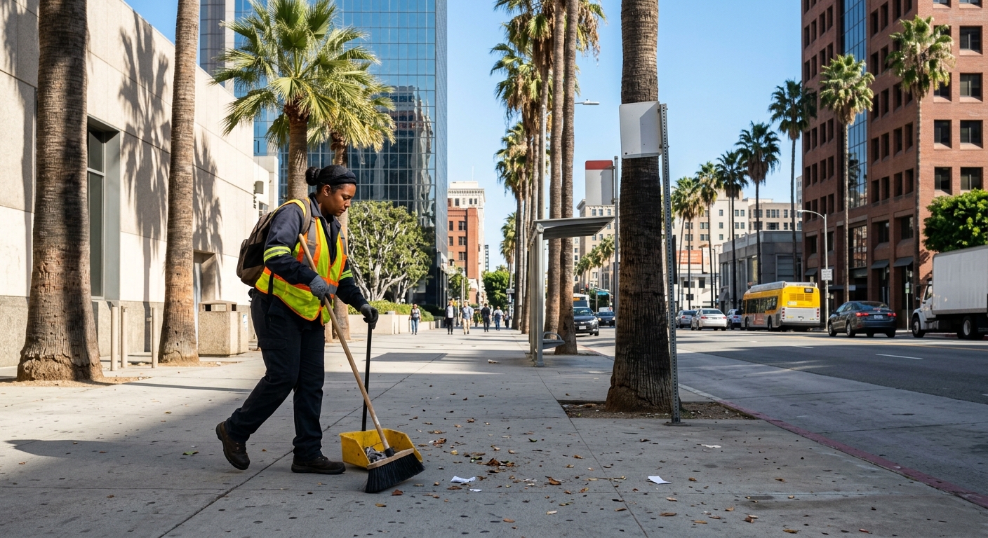 a street maintenance worker wearing a safety vest sweeping a sunlit urban sidewalk lined with tall palm trees in Los Angeles, natural everyday lighting, shot on