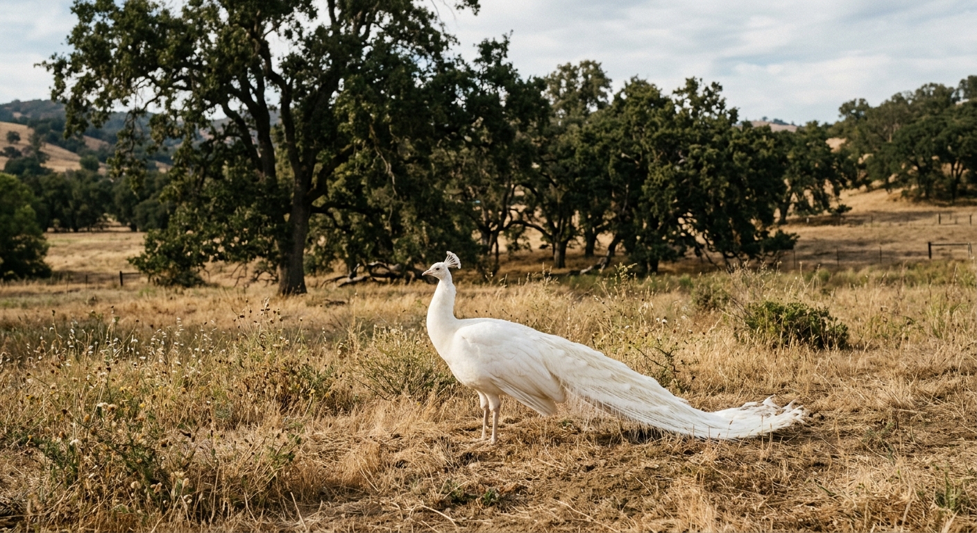 a pure white peacock standing in a dry grassy field with large oak trees in the background, typical of a rural California ranch setting, natural everyday lighti