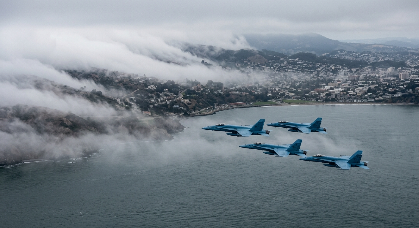 a formation of blue military fighter jets flying low over a large bay, partially obscured by thick white fog rolling in over coastal city hills, natural everyda