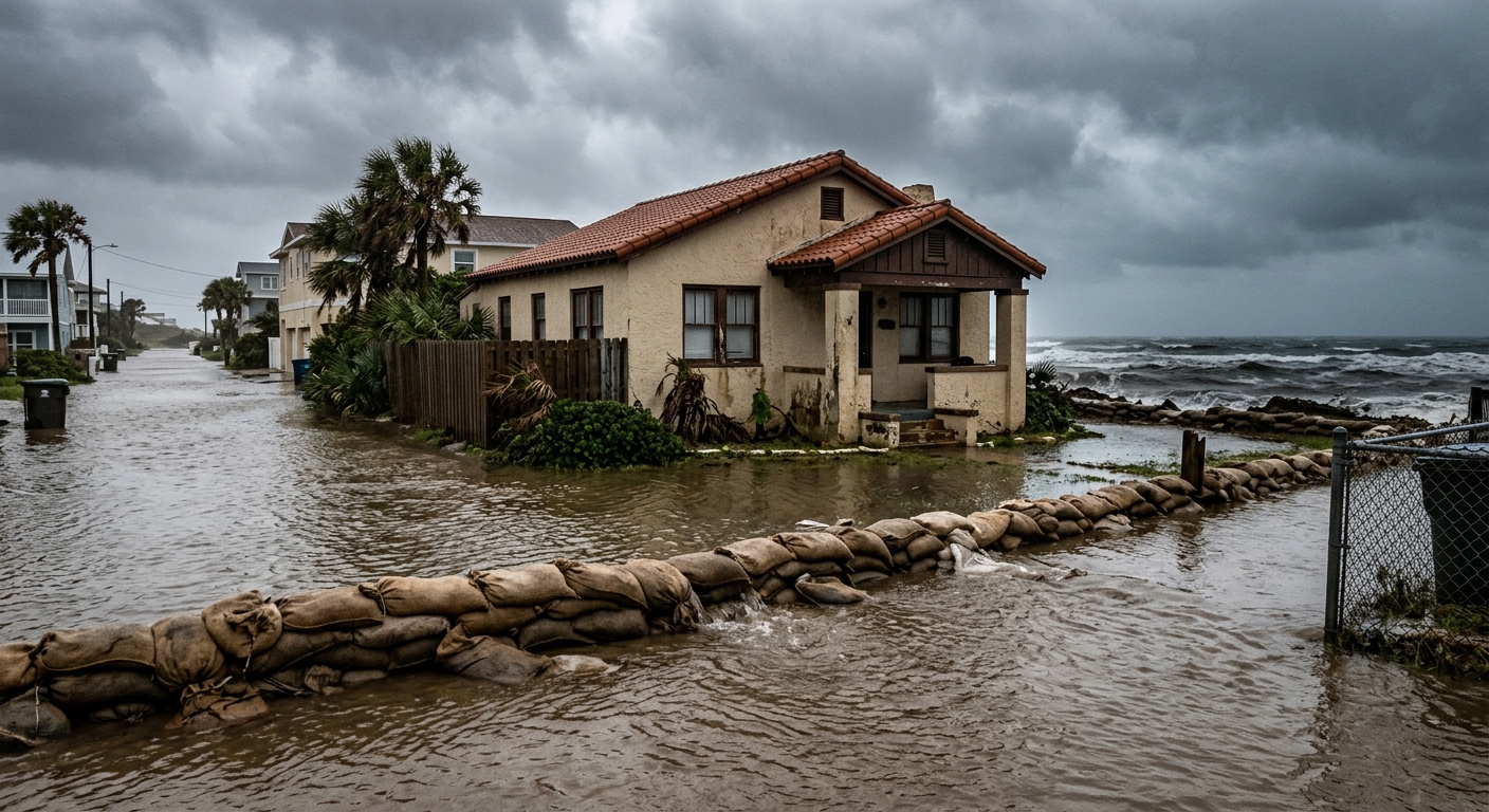 a flooded coastal residential street with murky water pooling against stacked sandbags in front of a typical stucco beachfront home, overcast stormy weather wit