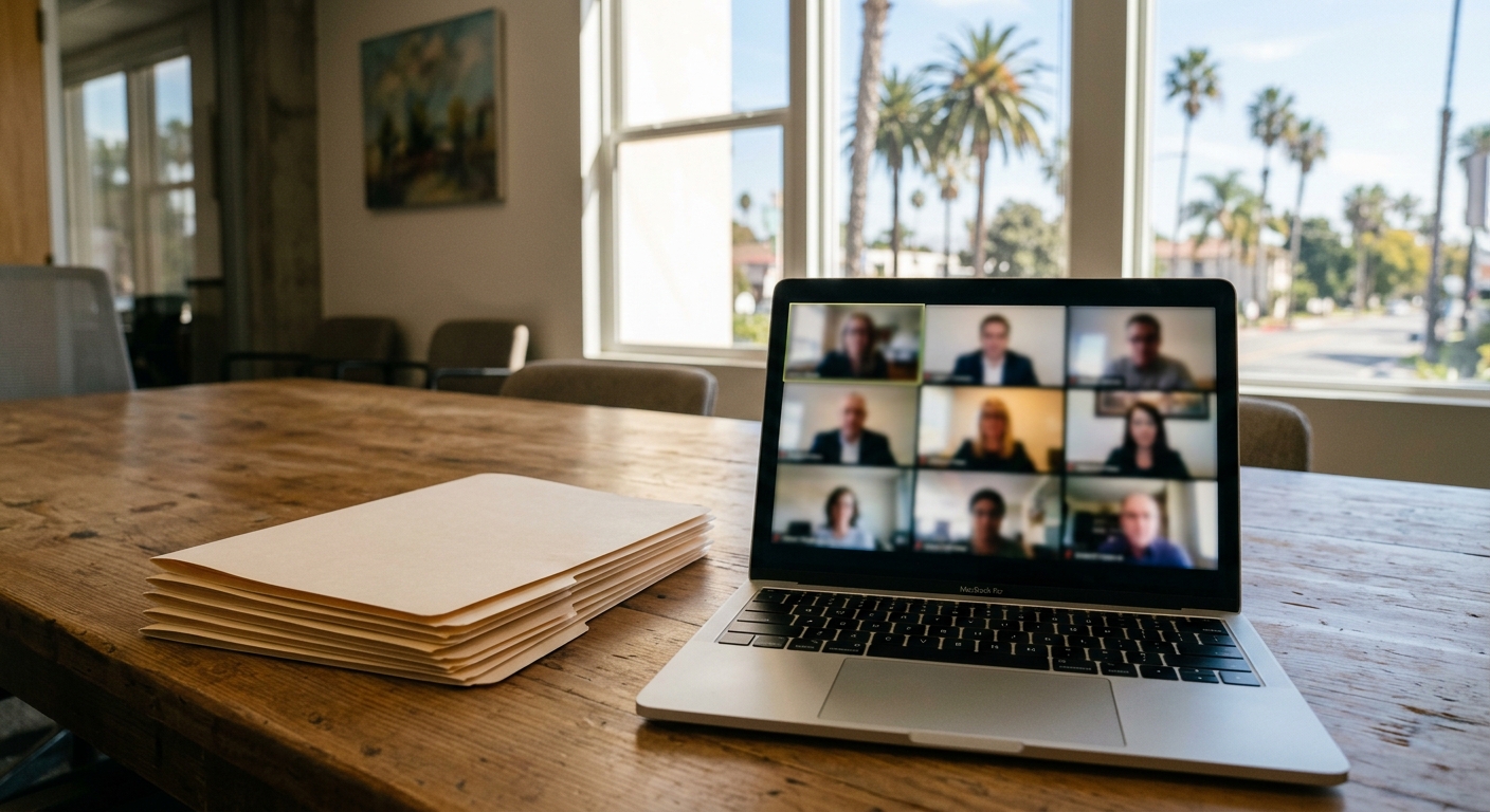 an open laptop displaying a video conference grid of blurred figures, sitting beside a stack of blank manila folders on a wooden conference table in a municipal