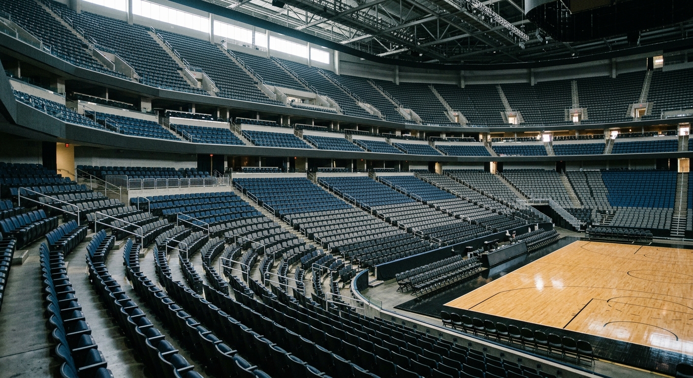the interior of a large, modern sports and entertainment arena showing empty seating tiers and the edge of a polished wooden basketball court, natural everyday
