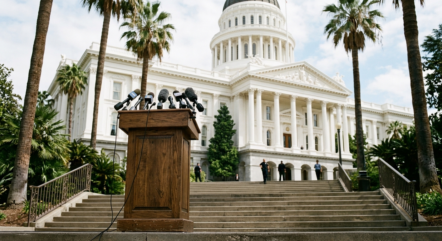a wooden press conference podium with several microphones set up on the steps of a white government capitol building, framed by tall palm trees in the backgroun