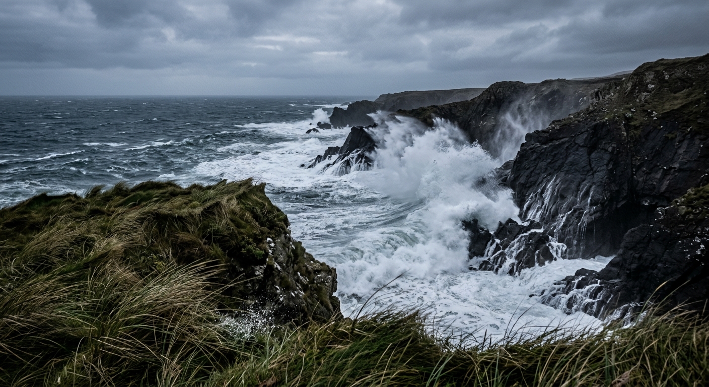 large ocean waves crashing violently against rocky cliffs and coastal grasses blowing heavily in the wind on a cool, overcast morning, natural everyday lighting