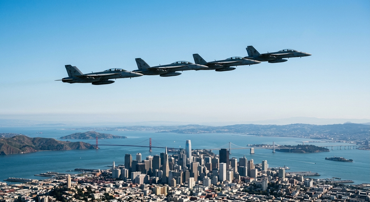 military fighter jets flying in formation across a clear blue sky, with the San Francisco city skyline and bay waters visible far below, natural everyday lighti