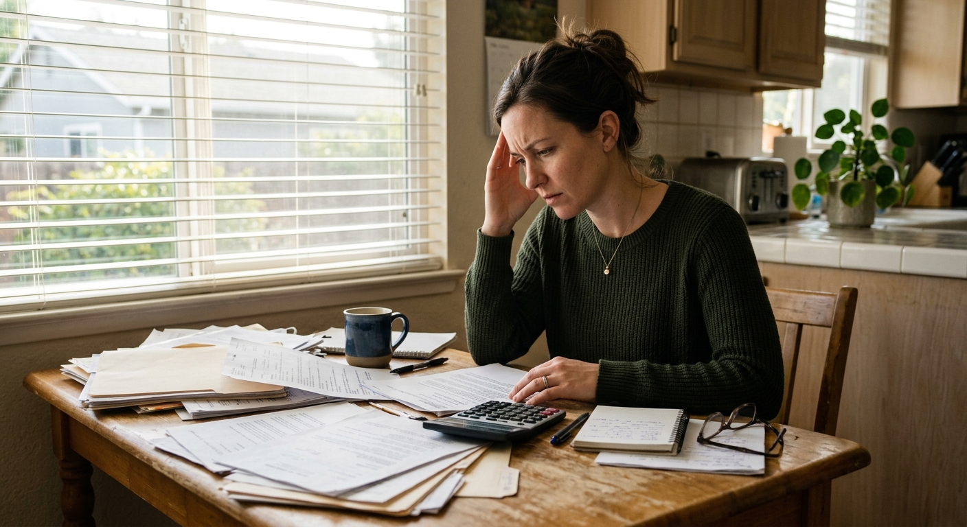 a worried woman sitting at a small kitchen table covered in scattered legal files, paperwork, and a calculator, inside a typical California home with sunlight f