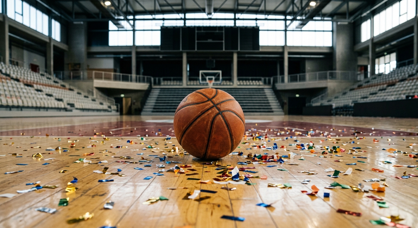 a basketball resting on a polished hardwood court surrounded by scattered confetti inside a modern indoor sports arena, natural everyday lighting, shot on a DSL