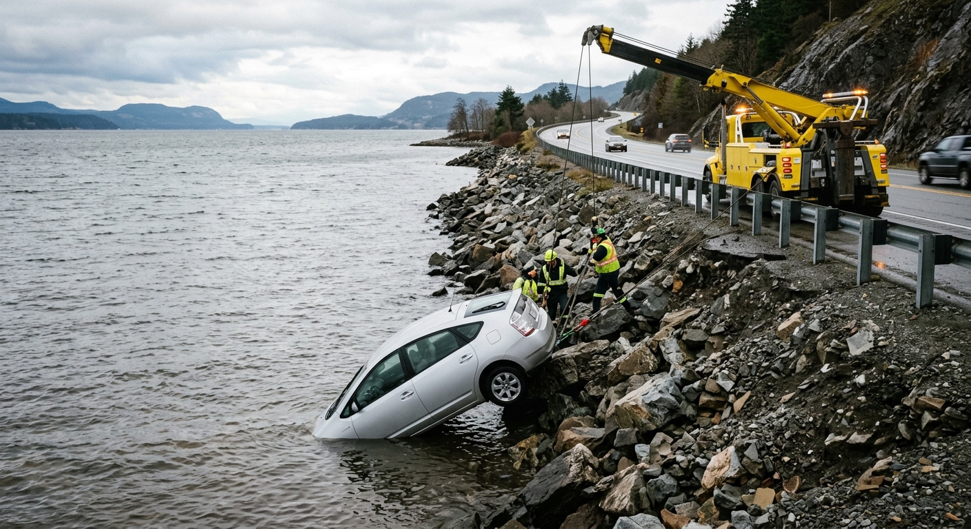 a silver hybrid hatchback car partially submerged in murky coastal bay water next to a rocky highway embankment, with a heavy-duty tow crane operating on the ro