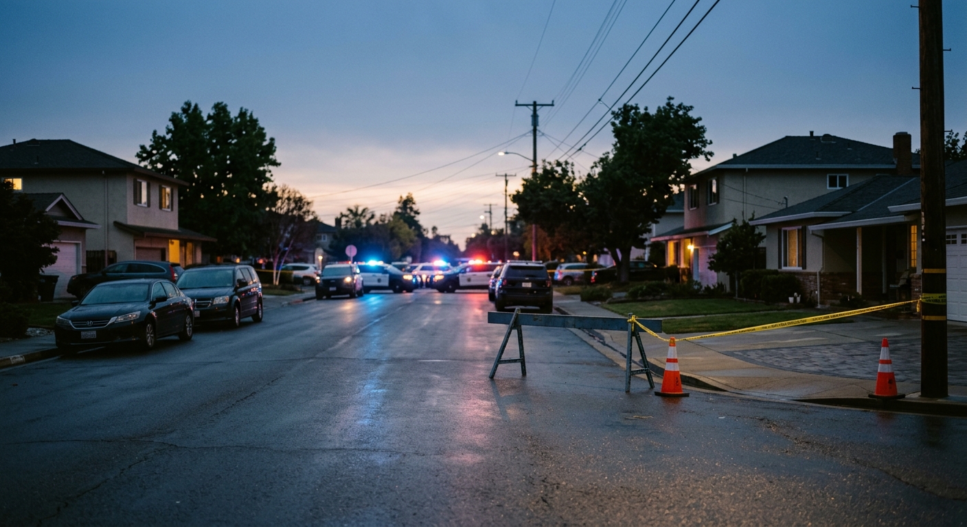 a quiet suburban California street cordoned off at dusk, featuring parked law enforcement vehicles with illuminated emergency lights blurred in the background a