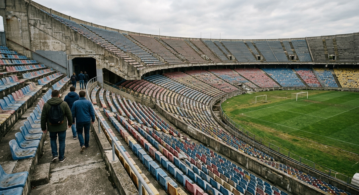an aging, massive concrete sports stadium featuring rows of faded plastic seats overlooking a grassy field, with a few fans in casual jackets walking up the sta
