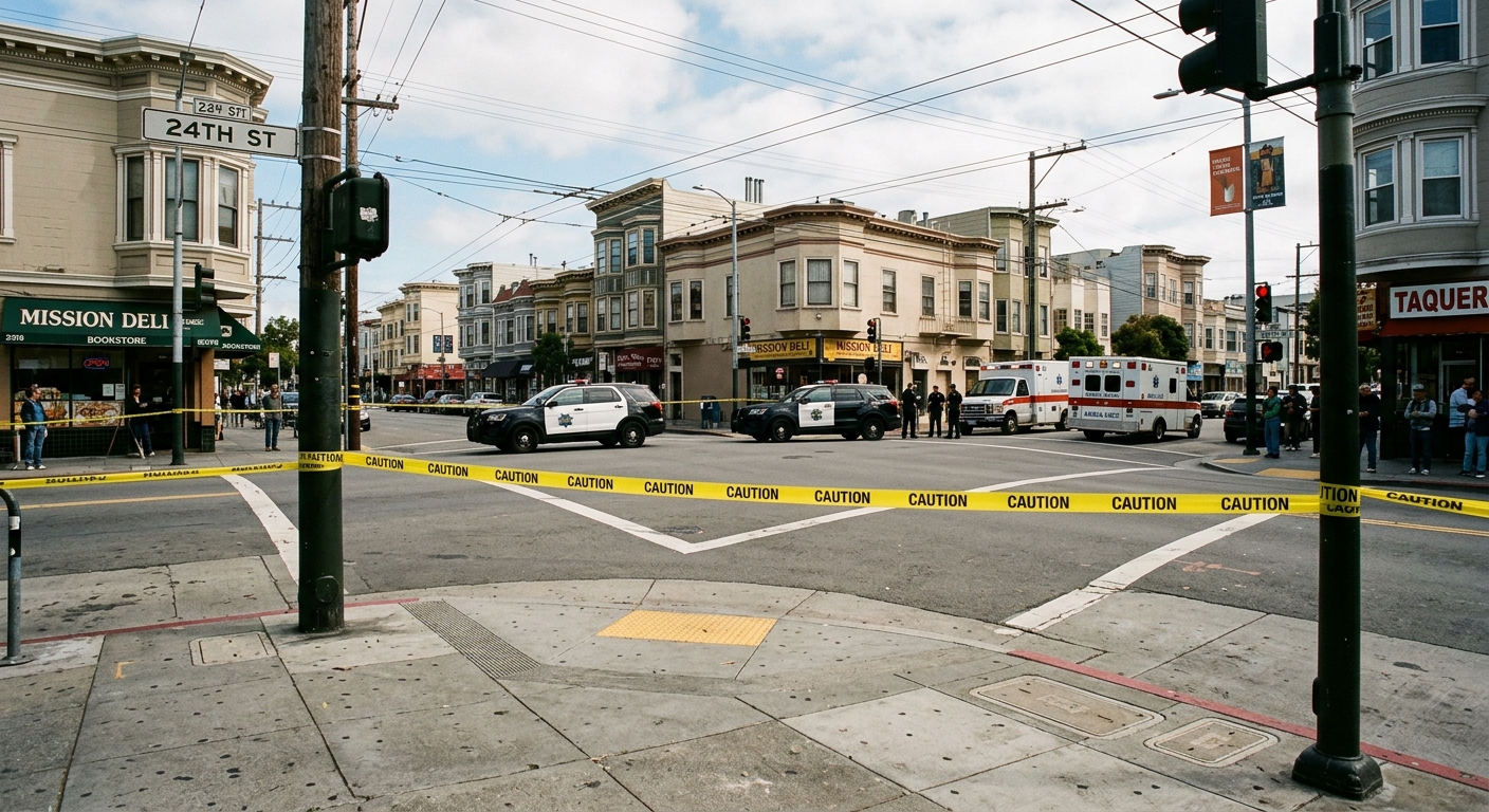 a city street intersection cordoned off by yellow caution tape, with several police cruisers and an ambulance parked in the distance, featuring typical Northern