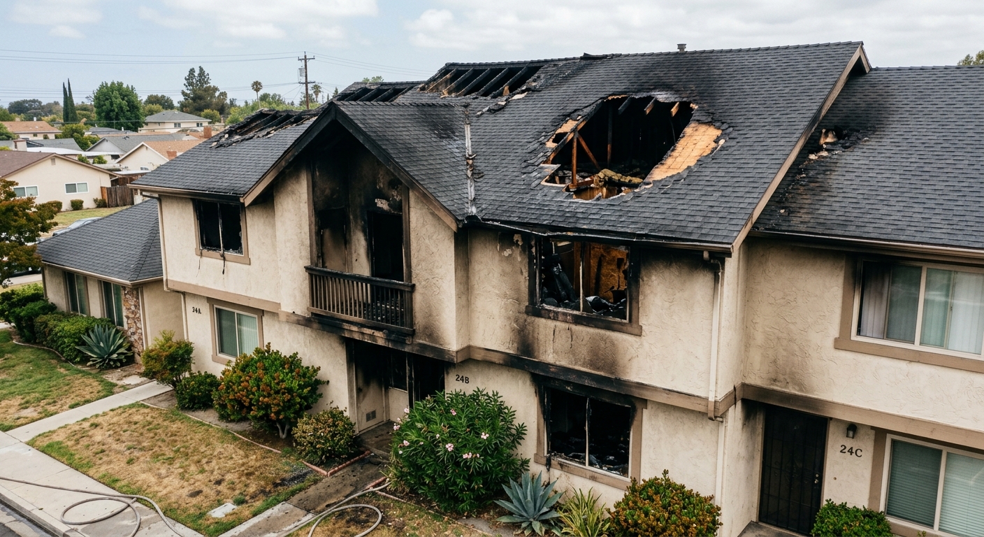 the charred exterior and roof of a stucco residential townhouse, showing visible fire damage spreading toward the attic with a hole cut into the shingles, surro