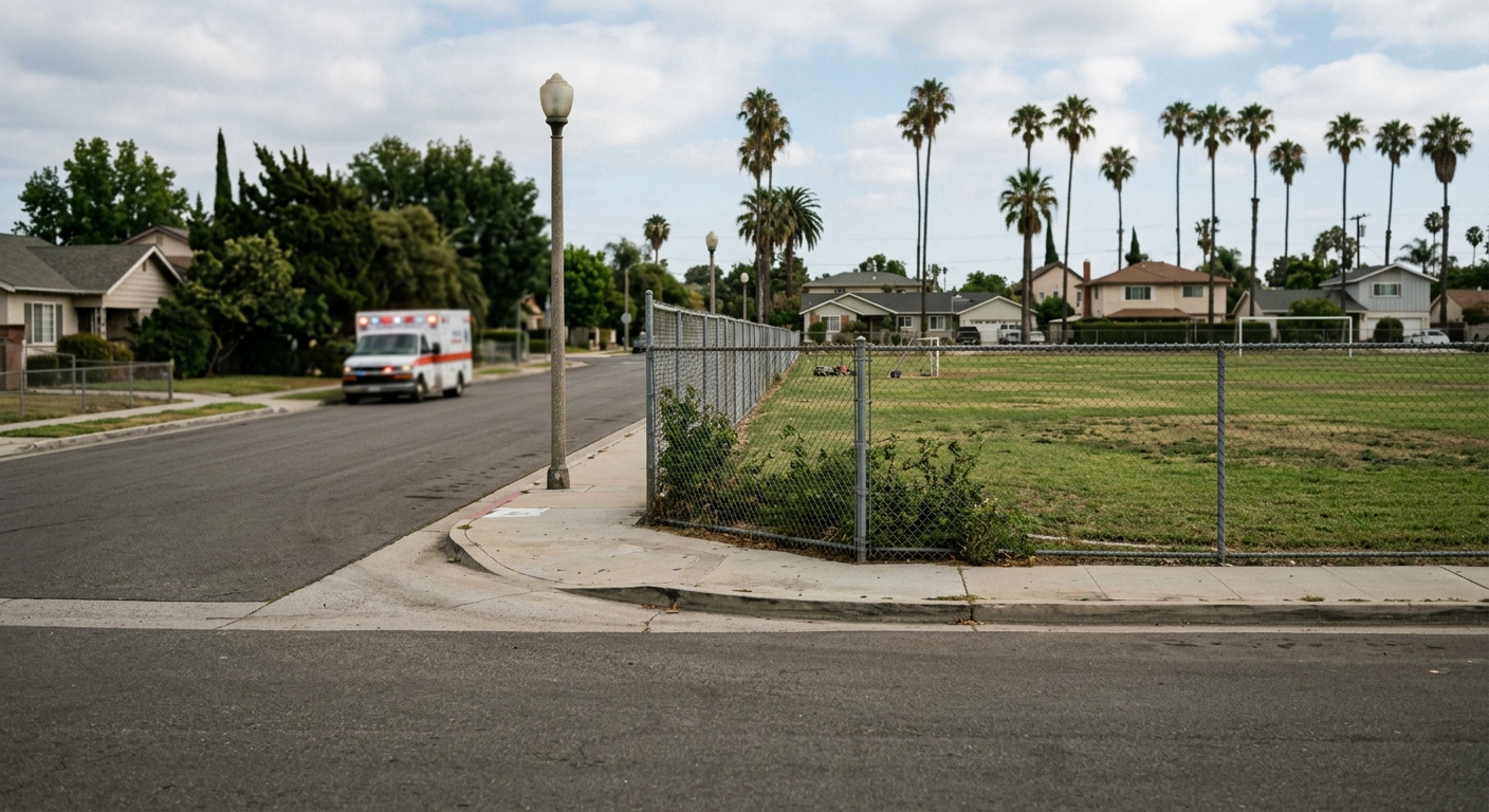 an empty street corner beside a grassy sports field enclosed by a chain-link fence in a suburban neighborhood, tall palm trees in the distance, an out-of-focus