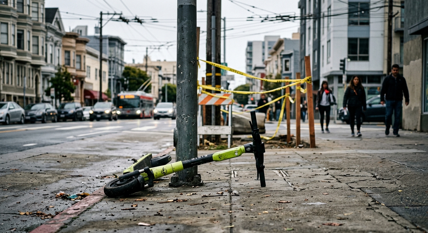 an overturned electric scooter lying on a concrete city sidewalk next to a metal street pole, blurred yellow caution tape in the background, typical San Francis