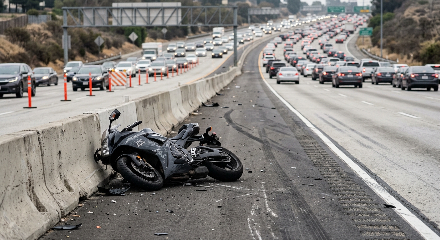 a damaged motorcycle lying on its side on the asphalt of a wide multi-lane highway next to a concrete median barrier, with orange traffic cones and blurred cars