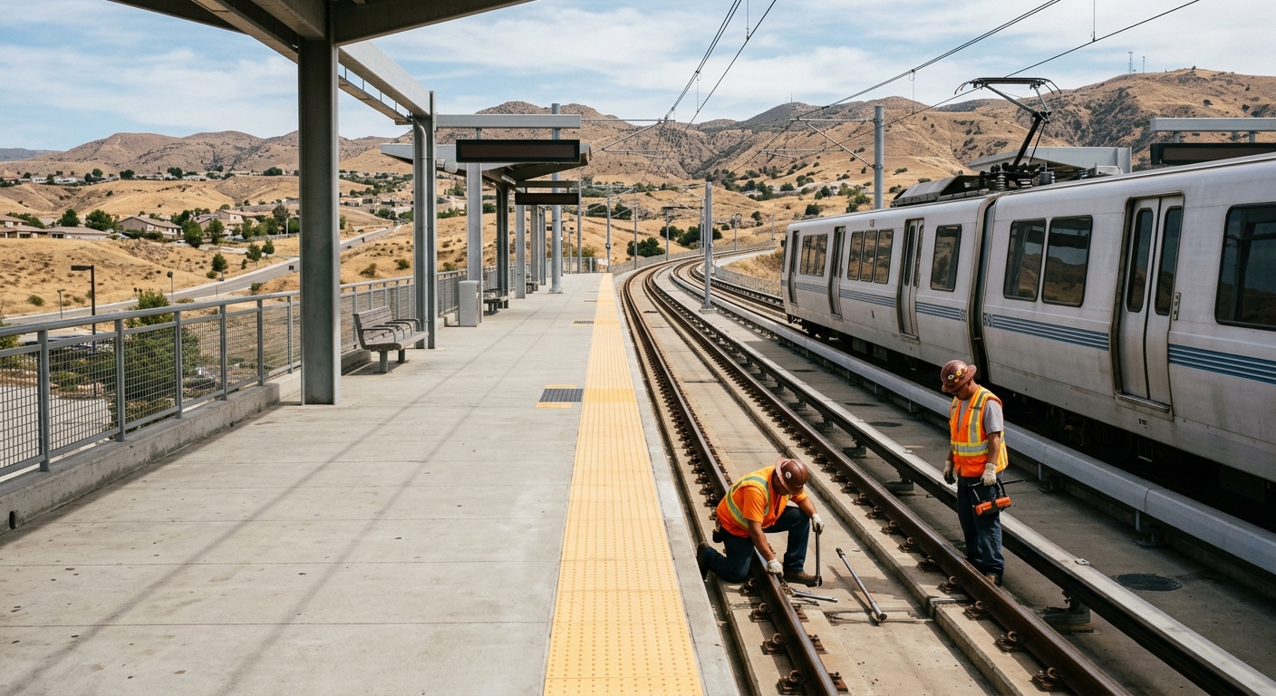 an empty concrete rapid transit platform and a stopped silver commuter train on the tracks, with two maintenance workers in high-visibility vests inspecting the
