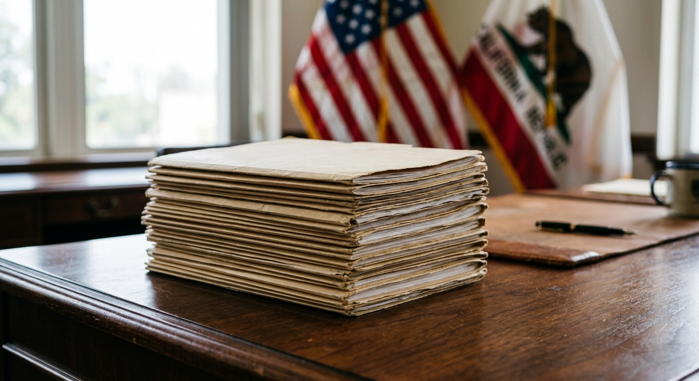 a stack of closed manila folders resting on a heavy mahogany desk, with a blurred United States flag and California state flag in the background, natural everyd