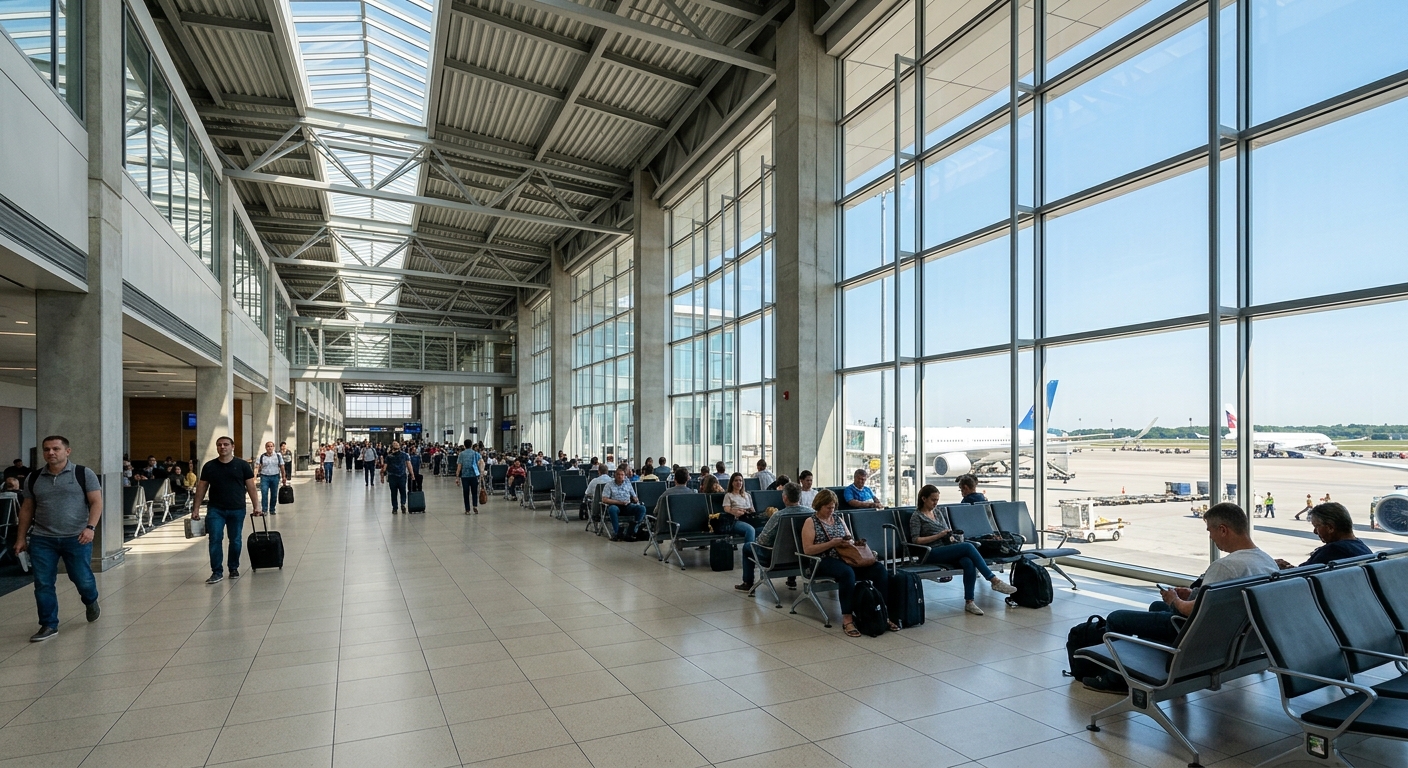 a spacious, modern airport terminal interior featuring high ceilings, wide tiled corridors, and rows of waiting seats with built-in charging ports, large glass