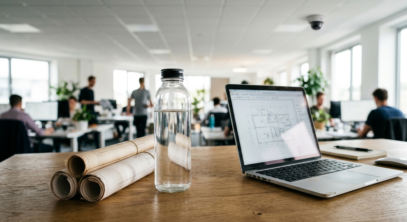 a clear reusable water bottle sitting on a modern office desk next to rolled engineering blueprints and an open laptop, with a subtle, out-of-focus dome securit