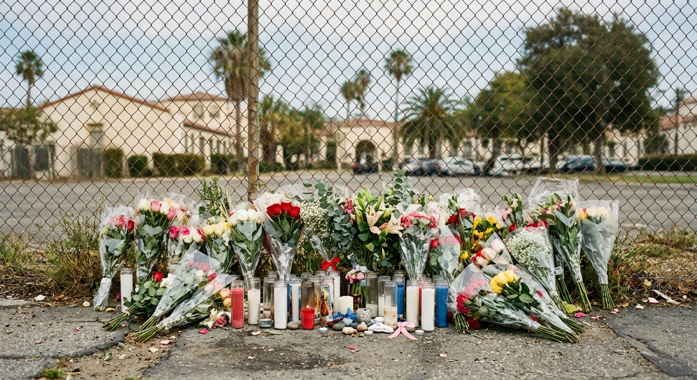 a collection of floral bouquets and unlit candles placed at the base of a chain-link fence outside a Southern California high school, with stucco buildings and