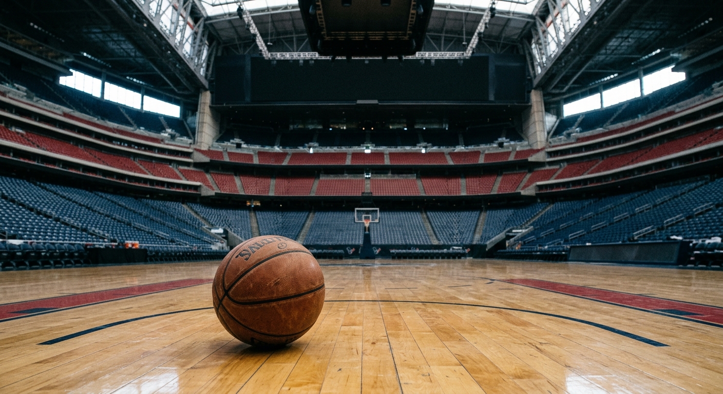 a leather basketball resting on the polished hardwood court of a massive indoor sports arena, surrounded by thousands of empty tiered stadium seats reflecting t