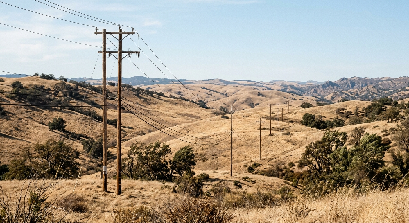 high voltage wooden powerline poles running across dry, golden-brown grassy hills characteristic of the Northern California landscape, brush and trees swaying s
