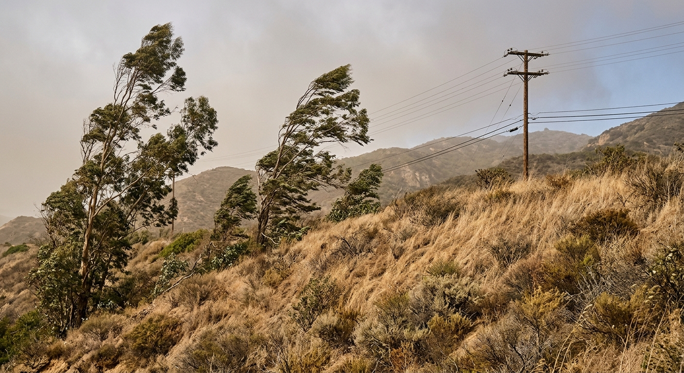 a dry, golden-brown brush-covered hillside in Southern California, with tall eucalyptus trees and native chaparral leaning heavily from strong winds, a wooden u