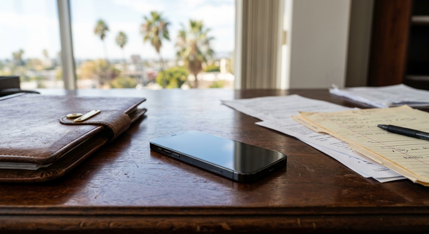 a modern smartphone lying face up on a heavy mahogany desk next to a leather portfolio and scattered official papers, with a blurred office window showing dista