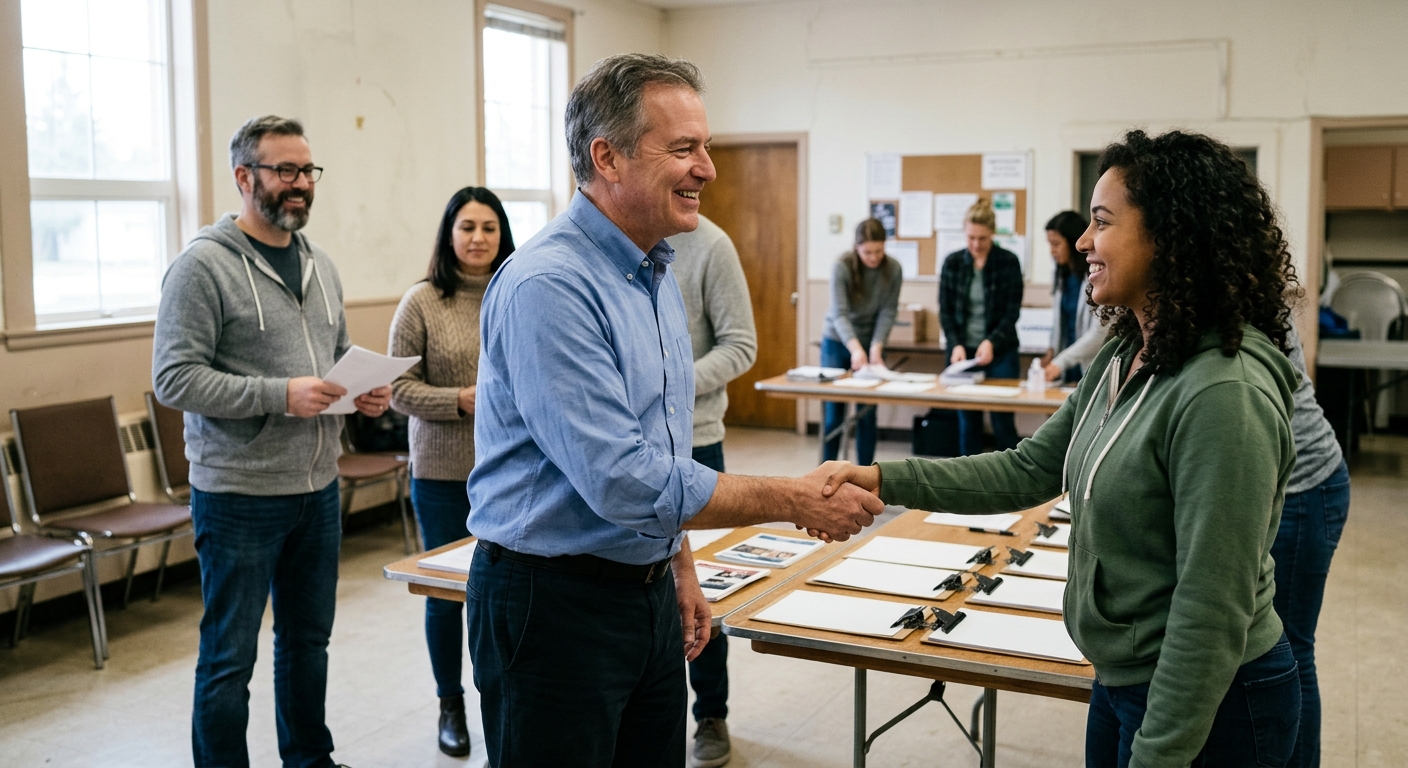 a middle-aged male politician in a blue button-down shirt shaking hands with casually dressed volunteers inside a modest community center, folding tables and bl