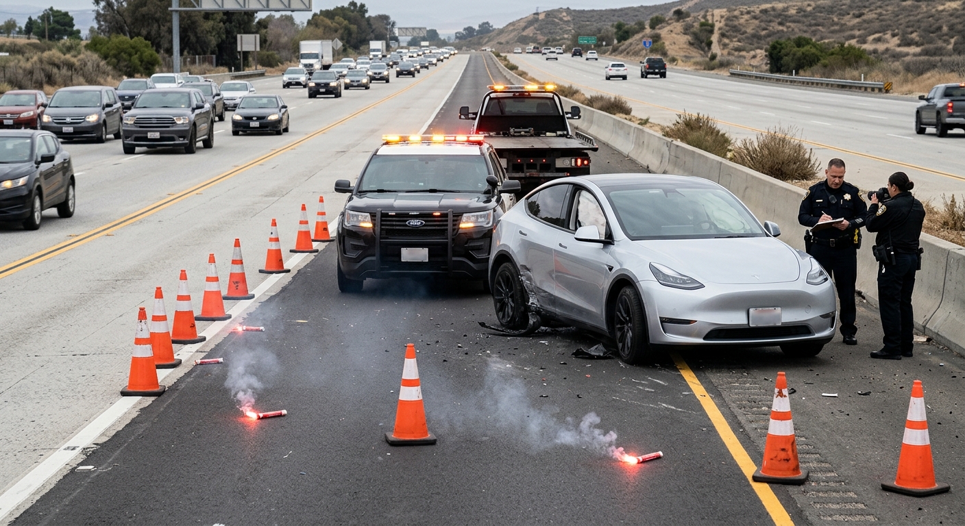 an accident investigation scene on a multi-lane California highway, showing a modern electric vehicle positioned near a black and white highway patrol cruiser,