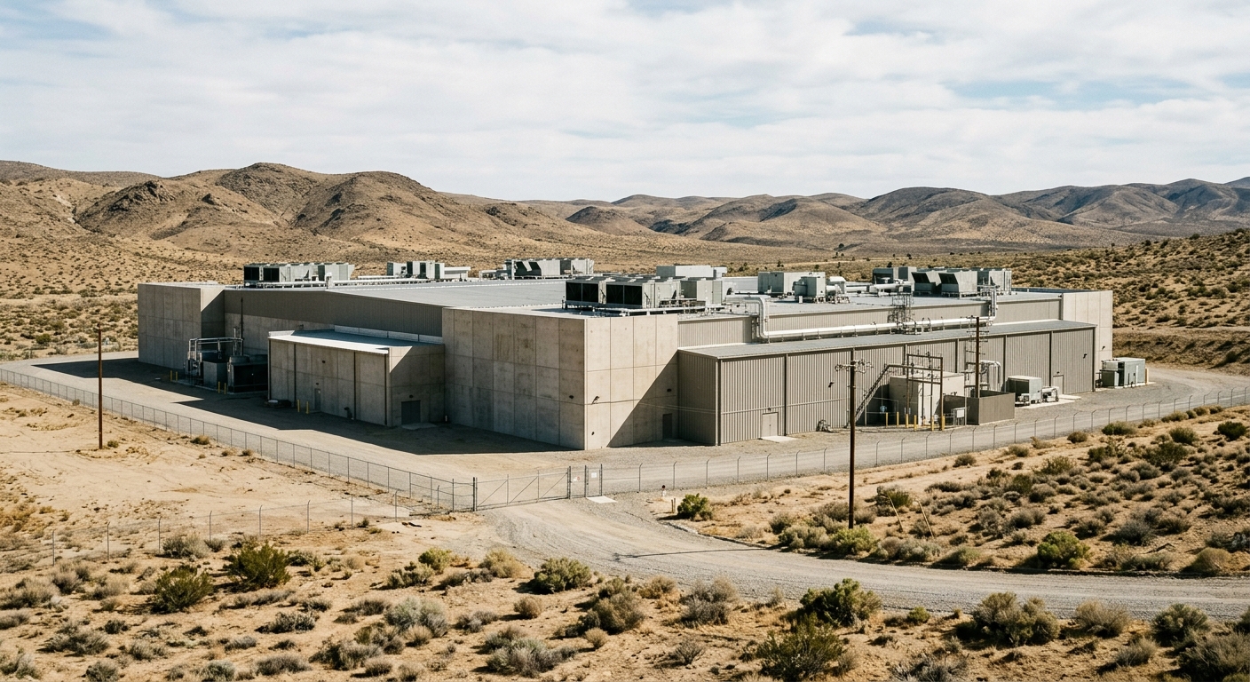 a large, windowless industrial data center facility situated in a dry, sun-baked landscape with sparse scrub brush and rolling hills in the background, natural