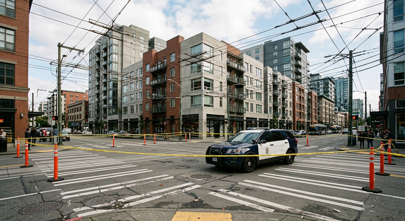 a dense urban street intersection cordoned off with caution tape, a generic police vehicle parked near a painted crosswalk, surrounded by modern mid-rise city b