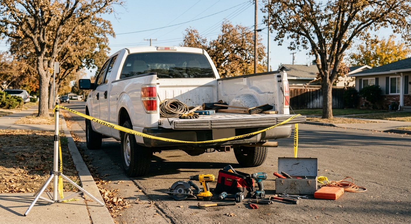 the open back of a white pickup truck parked on a sunlit suburban street lined with dry oak trees, various power tools and metal toolboxes scattered on the asph
