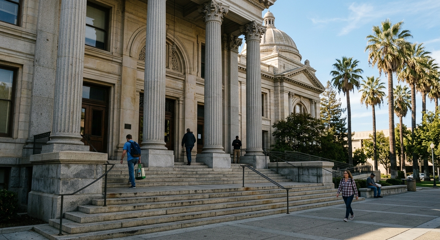 the stone steps and entrance columns of a county courthouse building in California, with a few casual pedestrians walking near the doors and tall palm trees in