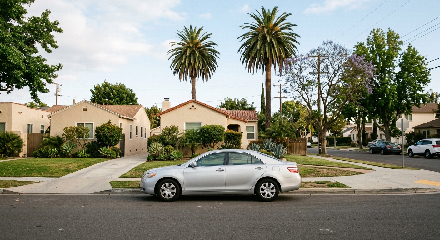 a late-2000s four-door sedan parked on a typical suburban street lined with stucco houses and palm trees, natural everyday lighting, shot on a DSLR camera, slig