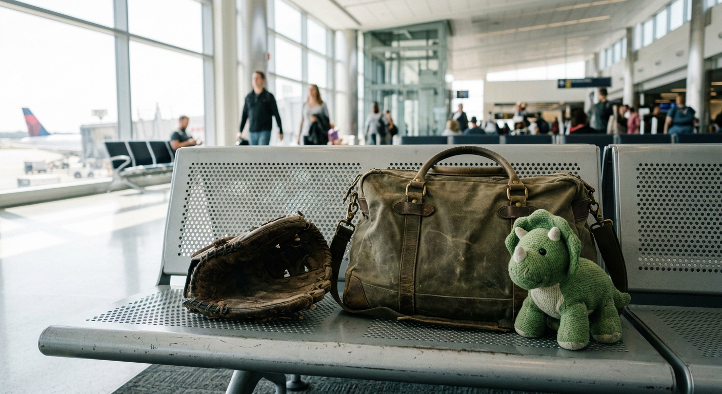 a well-worn leather baseball glove and a canvas travel bag resting next to a small plush dinosaur toy on a metal bench inside a sunlit airport terminal, natural