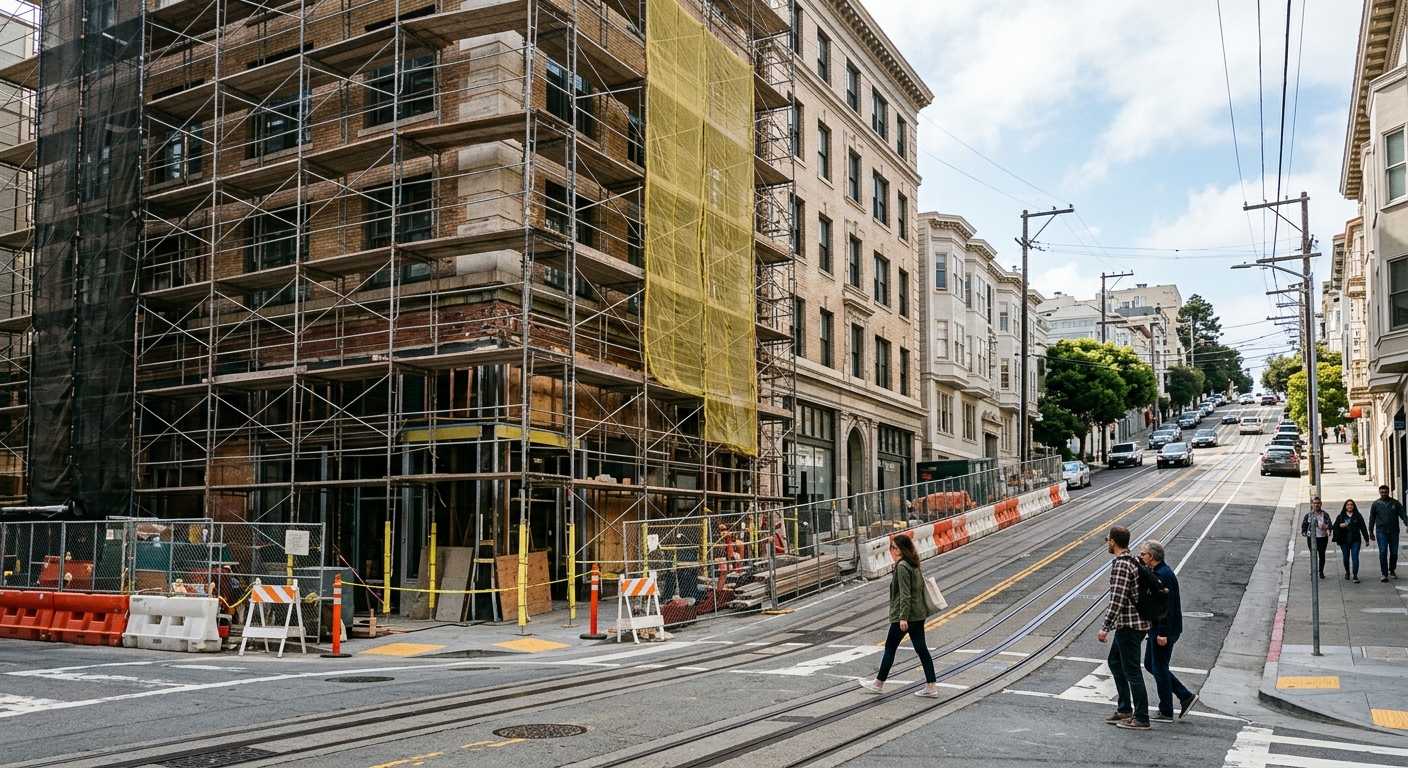 a multi-story commercial building with a large street-level retail space undergoing renovations, scaffolding and construction barriers on the sidewalk, located