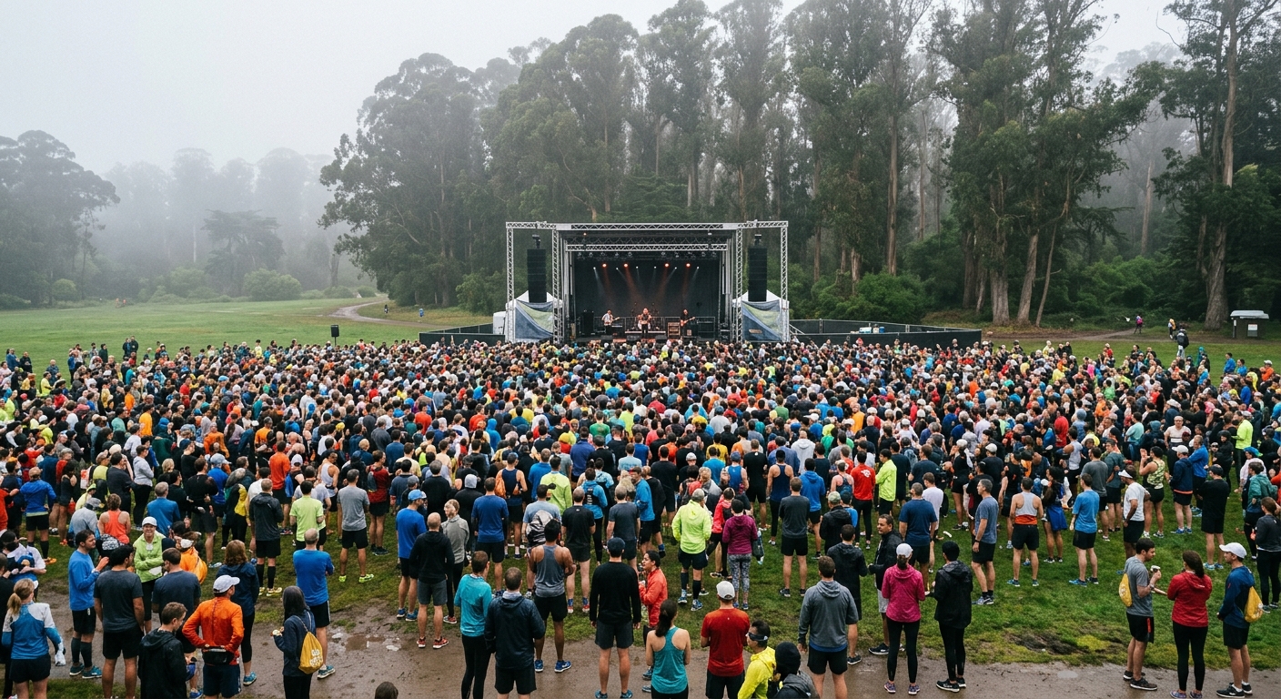a massive crowd of people in athletic running gear gathering around a temporary outdoor music stage in a sprawling green city park with tall eucalyptus trees an