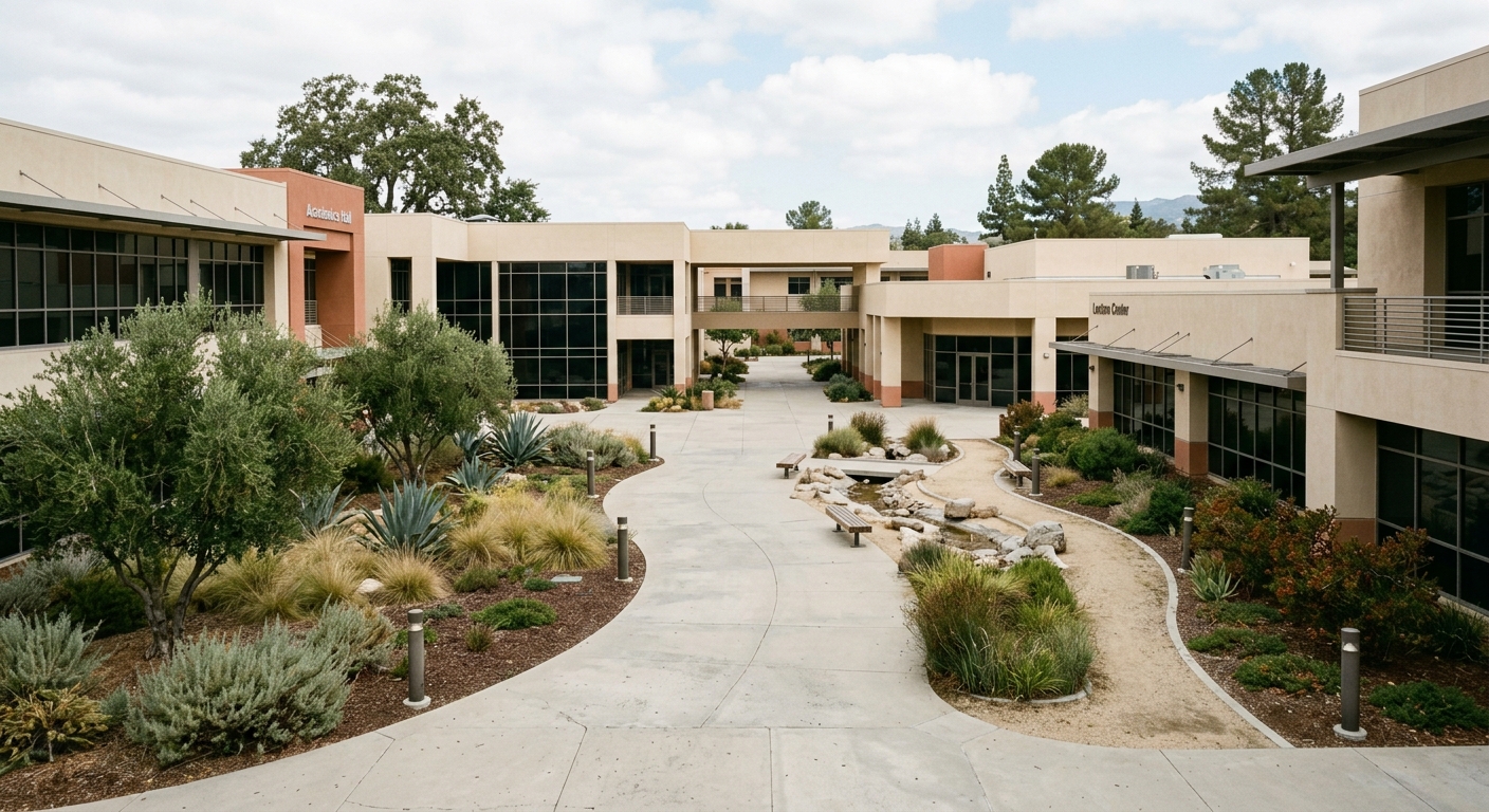 an empty courtyard at a suburban community college campus in California, featuring low-rise stucco buildings with large unlit glass windows, drought-resistant l