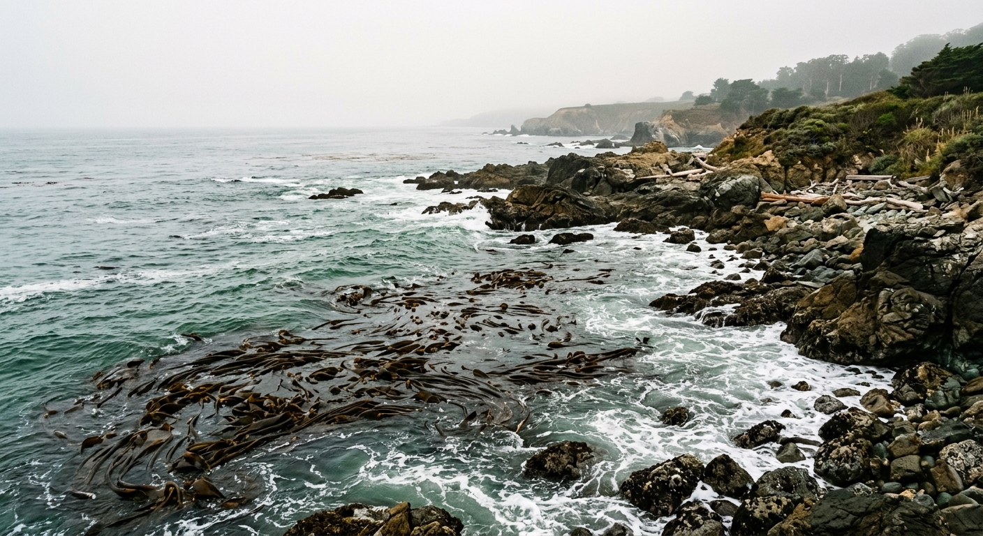 a rugged coastal shoreline with thick kelp beds visible beneath the ocean surface, waves gently washing against jagged rocks on a hazy afternoon, natural everyd