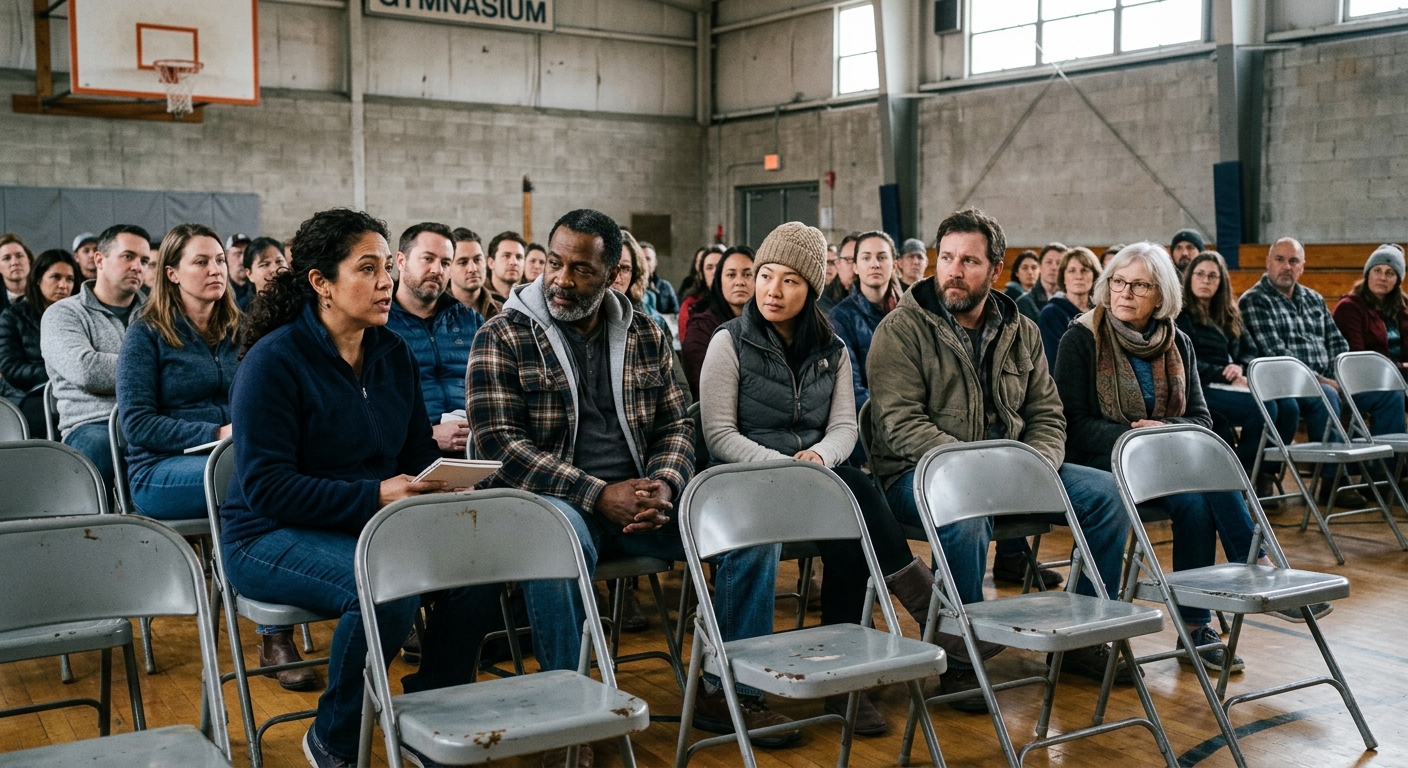a diverse group of concerned parents sitting in metal folding chairs inside a worn community gymnasium, engaged in a serious town hall discussion about local ed